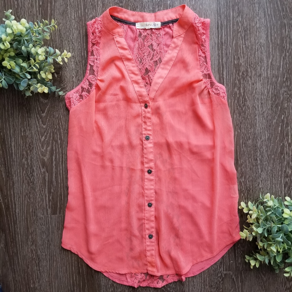 Rewind Coral Lace Button Down Tank Top